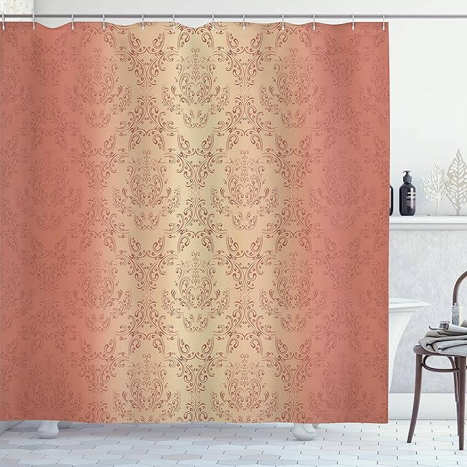 Ambesonne Vintage Shower Curtain, Antique Baroque Floral Swirling Patterns Victorian Vintage Retro Style, Cloth Fabric Bathroom Decor Set with Hooks, 69" W x 84" L, Salmon Peach