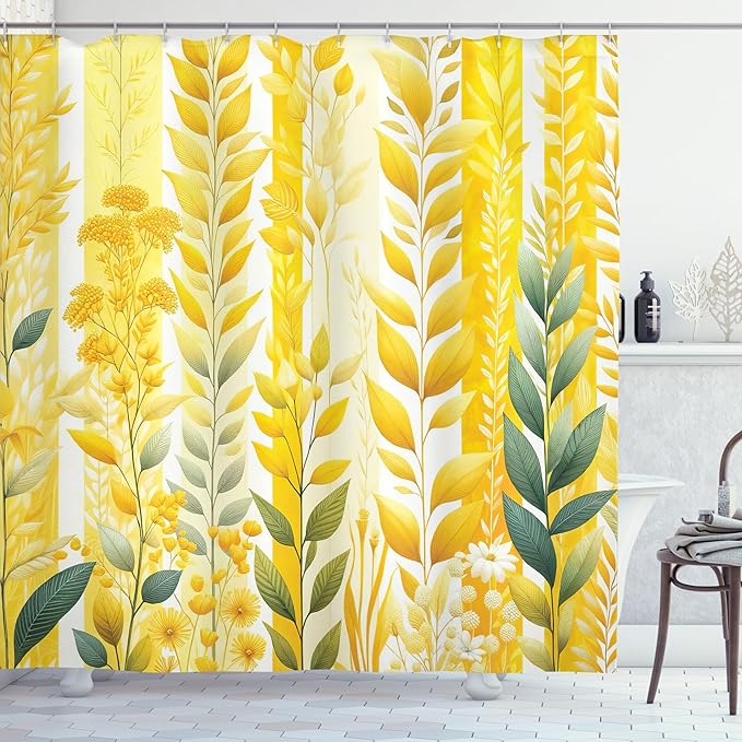 Ambesonne Yellow Shower Curtain, Abstract Botanic Vertical Bicolor Leaves Creeper Print with Summer Colors, Cloth Fabric Bathroom Decor Set with Hooks, 69" W x 75" L, Reseda Green Mustard