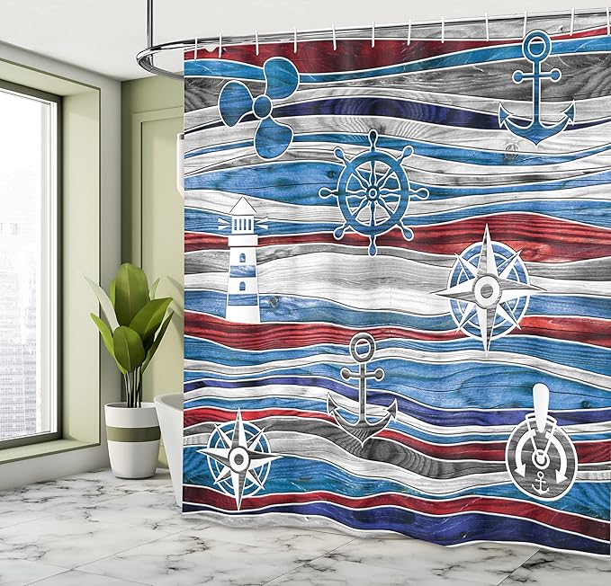 Ambesonne Anchor Shower Curtain, Shipping Boat Anchor Lighthouse Steering Wheel Compass on Waves Background, Cloth Fabric Bathroom Decor Set with Hooks, 69" W x 75" L, Grey Red
