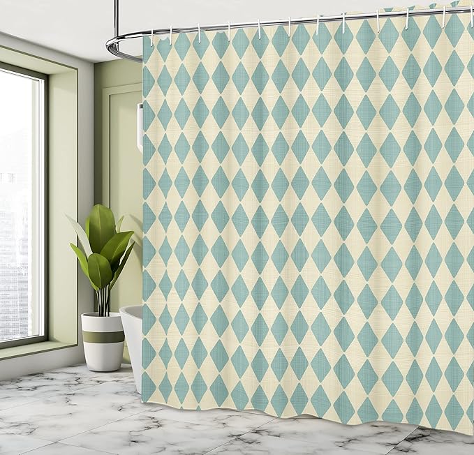 Ambesonne Geometric Shower Curtain, Rhombus Pattern with Retro Design Inspirations Vintage Argyle Arrangement, Cloth Fabric Bathroom Decor Set with Hooks, 69" W x 70" L, Beige Teal