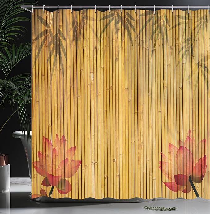 Ambesonne Asian Themed Shower Curtain, Chinese Concept Flower Silhouettes and Shadow Look Eastern Tropical Exotic, Cloth Fabric Bathroom Decor Set with Hooks, 69" W x 75" L, Mustard
