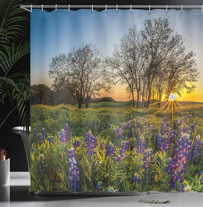 Ambesonne Nature Shower Curtain, Country Scenery with Lavender Meadow at Sunset Spring Beauty Foliage Eco Picture, Cloth Fabric Bathroom Decor Set with Hooks, 69" W x 75" L, Lavender Green