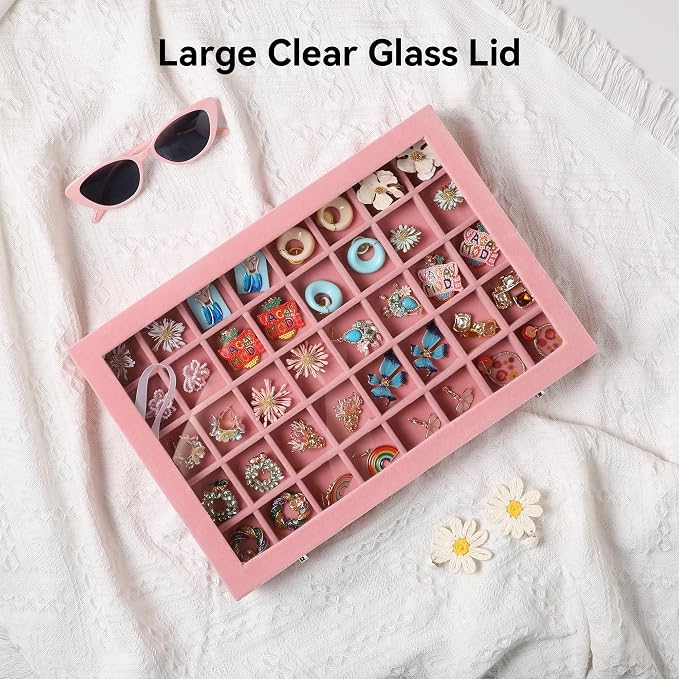 Frebeauty 40 Grid Earring Organizer,Velvet Jewelry Tray with Clear Lid | Drawer Jewelry Organizer for Rings Studs Beads,Adjustable Dividers,Dustproof,Earring Storage,Trinket Box,13.8×9.5Inches