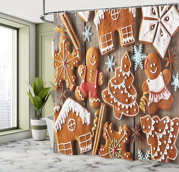 Ambesonne Gingerbread Man Shower Curtain, Tasty Looking Traditional Cookies Little Snowflakes Cinnamon, Cloth Fabric Bathroom Decor Set with Hooks, 69" W x 75" L, Umber Pale Brown White