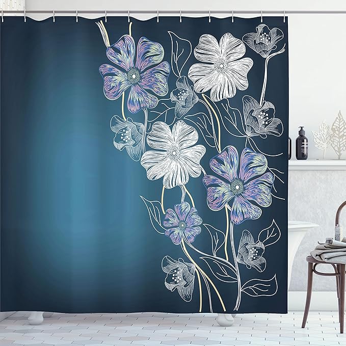Ambesonne Art Shower Curtain, Hand Drawn Cherry Blossoms Fantasy Bridal Garden Anniversary Theme, Cloth Fabric Bathroom Decor Set with Hooks, 69" W x 75" L, Blue Lavender