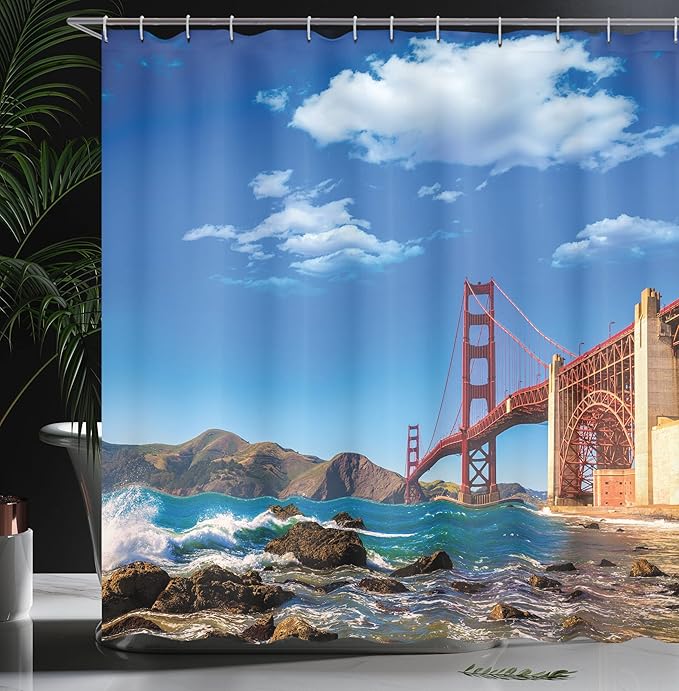 Ambesonne Landscape Shower Curtain, San Francisco Golden Gate Bridge Rocky Sea Waterscape Scenic Coastline Vacation, Cloth Fabric Bathroom Decor Set with Hooks, 69" W x 70" L, Blue
