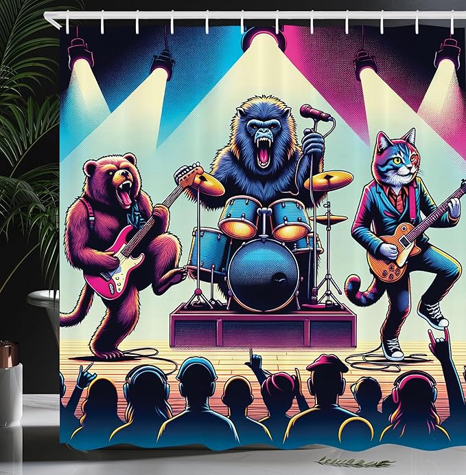 Ambesonne Rocker Animals Shower Curtain, Grizzly Bear Gorilla and Big Wild Cat Band Funny Stage Music Party, Cloth Fabric Bathroom Decor Set with Hooks, 69" W x 84" L, Fuchsia Blue Peach