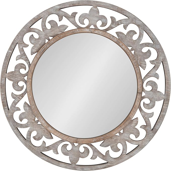 Kate and Laurel Shovali Rustic Round Mirror, 31.5 Diameter, Rustic Whitewash, Ornate Wood-Carved Frame, Decadent Wall Decor with Vintage Charm