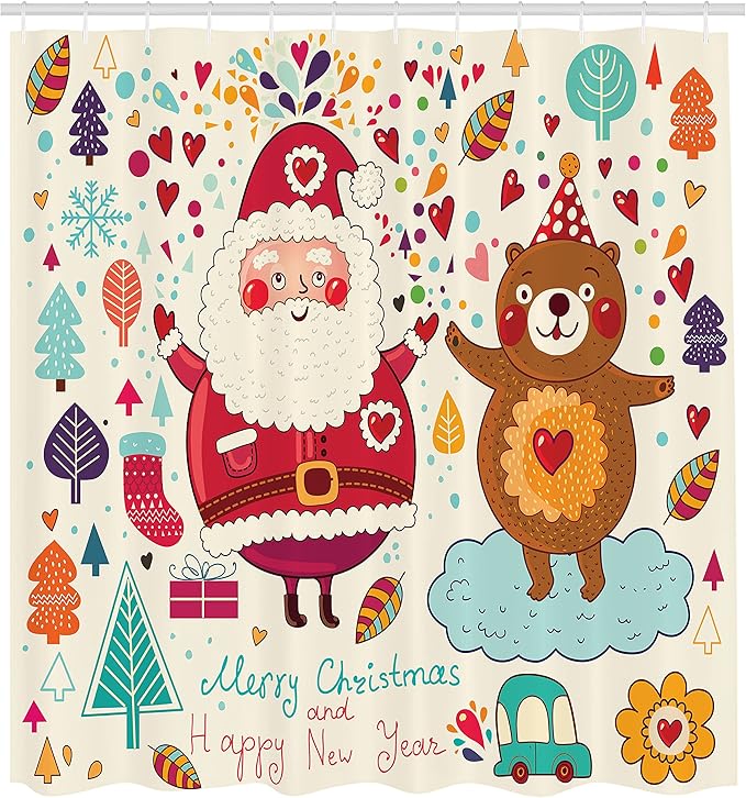 Ambesonne Christmas Shower Curtain, Santa and Teddy Bear Vintage Christmas Season Ornaments Party Theme, Cloth Fabric Bathroom Decor Set with Hooks, 69" W x 84" L, Red Blue