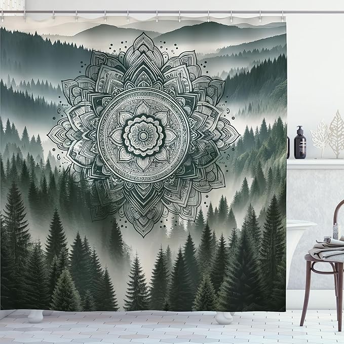 Ambesonne Dark Green Shower Curtain, Foggy Morning Mountains with Mandala Ornate Abstract Paint Print, Cloth Fabric Bathroom Decor Set with Hooks, 69" W x 75" L, Evergreen Coconut and Grey
