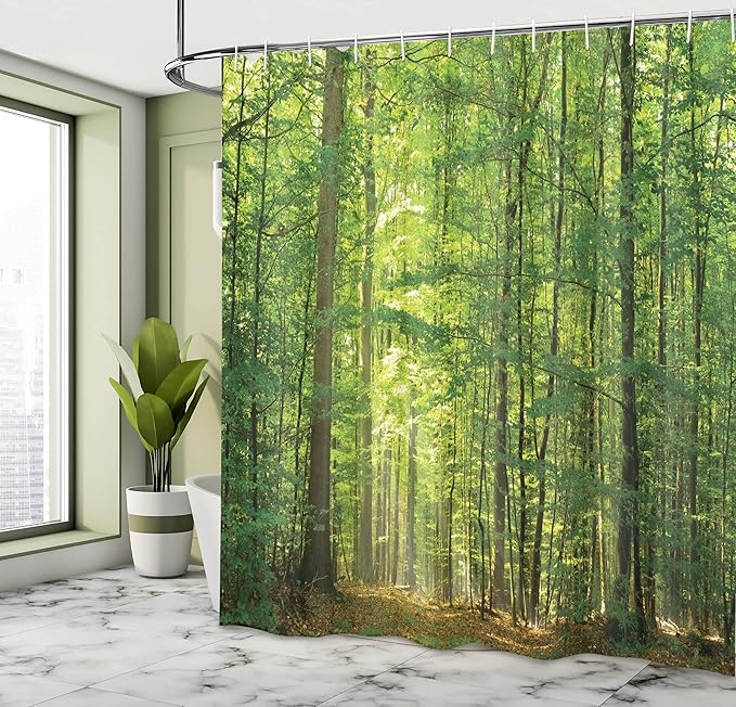 Ambesonne Woodland Shower Curtain, Deciduous Forest Trees in Summertime Foliage Sun Rays Romantic Holidays Scenic Image, Cloth Fabric Bathroom Decor Set with Hooks, 69" W x 70" L, Bamboo Green