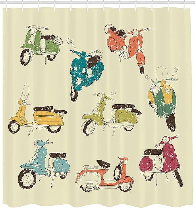 Ambesonne 1960s Shower Curtain, Scooters Romantic Aged History Motorcycle Trip Street Town Power Retro Illustration, Cloth Fabric Bathroom Decor Set with Hooks, 69" W x 70" L, Cream Orange