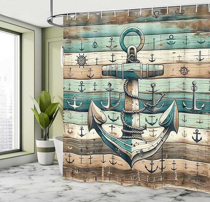 Ambesonne Nautical Shower Curtain, Sailing Rustic Style Anchor with Weathered Wooden Plank Look Print, Cloth Fabric Bathroom Decor Set with Hooks, 69" W x 70" L, Teal Seafoam Pale Brown