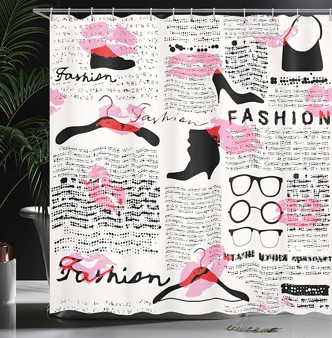 Ambesonne Old Newspaper Shower Curtain, Fashion Elements Kisses Lipstick Glasses Shoes Hangers Print, Cloth Fabric Bathroom Decor Set with Hooks, 69" W x 75" L, Pink Scarlet