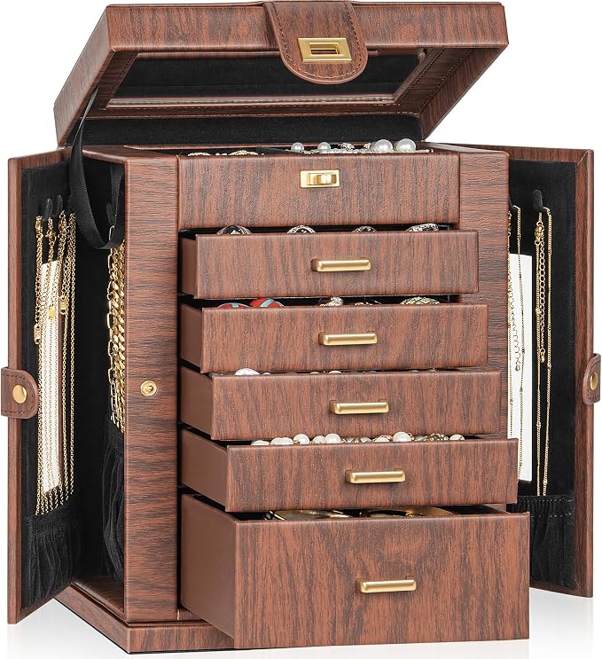 AKOZLIN 6-Tier Jewelry Box Organizer Functional 5 Drawers Leather Jewelry Storage Case for Women Girls Ring Necklace Earring Bracelet Holder Organizer with Mirror Red 360° Rotating
