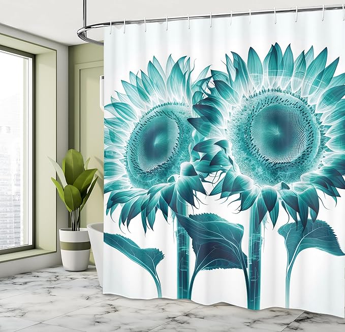 Ambesonne Teal Shower Curtain, Futurist Sunflowers Illustration with Dreamy Cyberworld Colors Fantasy, Cloth Fabric Bathroom Decor Set with Hooks, 69" W x 75" L, Seafoam Petrol Blue White
