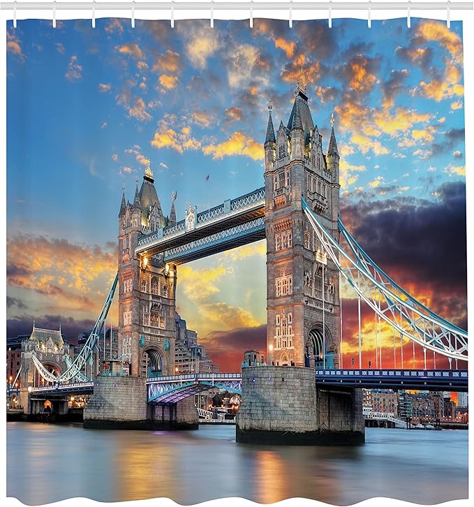 Ambesonne London Shower Curtain, Vista of Tower Bridge at Dramatic Sunset Thames River with Grey Clouds, Cloth Fabric Bathroom Decor Set with Hooks, 69" W x 75" L, Yellow Blue