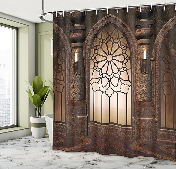 Ambesonne Gothic Shower Curtain, Antique Myst Gate with Pattern and Curvings Design Illustration, Cloth Fabric Bathroom Decor Set with Hooks, 69" W x 75" L, Brown