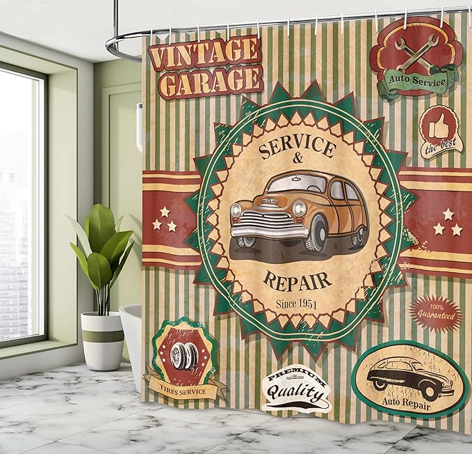 Ambesonne Retro Shower Curtain, Composition of Vintage Retro Car Emblem in Faint Color Sixties Dated Irony Art, Cloth Fabric Bathroom Decor Set with Hooks, 69" W x 70" L, Green Red Cream