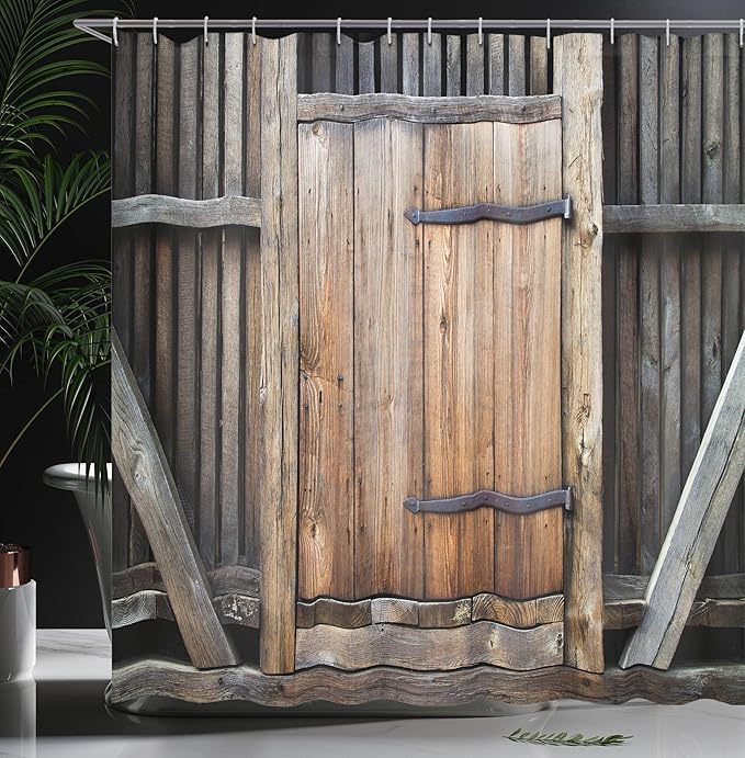 Ambesonne Antique Shower Curtain, Rustic Antique Wooden Door Exterior Facades Rural Barn Timber Weathered Display, Cloth Fabric Bathroom Decor Set with Hooks, 69" W x 84" L, Brown Orange