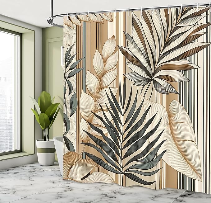 Ambesonne Tan Shower Curtain, Nature Interpretation of Exotic Leaves Illustration Boho Lines Modern Botany, Cloth Fabric Bathroom Decor Set with Hooks, 69" W x 84" L, Grey Teal Pale Taupe