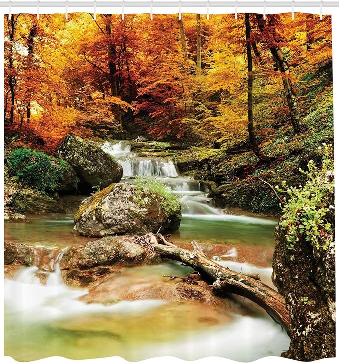 Ambesonne Waterfall Shower Curtain, Autumn Seasonal Woodland Creek Trees Foliage Rocks in Forest Image, Cloth Fabric Bathroom Decor Set with Hooks, 69" W x 70" L, Coffee Orange