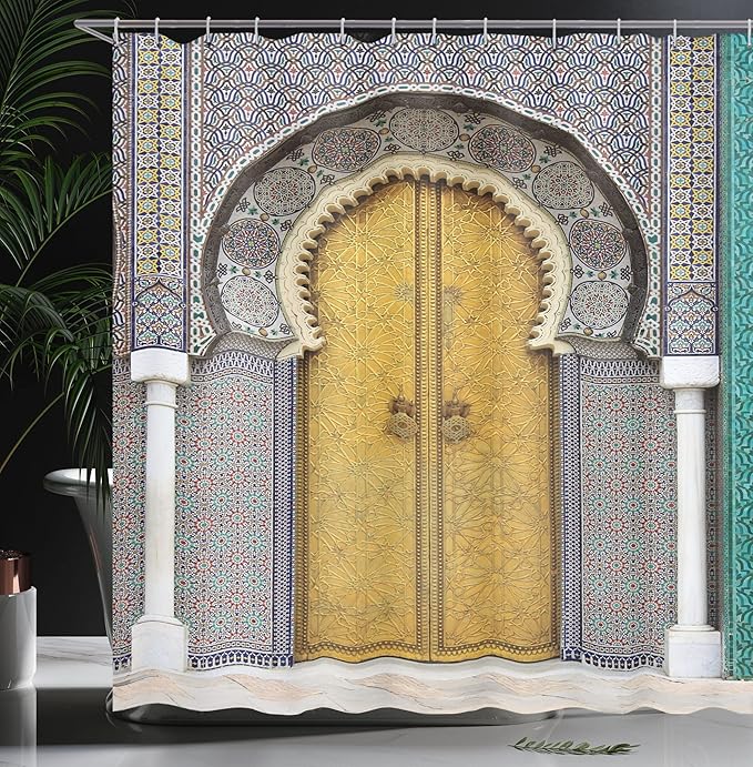 Ambesonne Orient Shower Curtain, Yellow Door of Royal Palace in FES Morocco Vintage Moroccan Artwork Mosaic Style, Cloth Fabric Bathroom Decor Set with Hooks, 69" W x 70" L, Navy Ivory