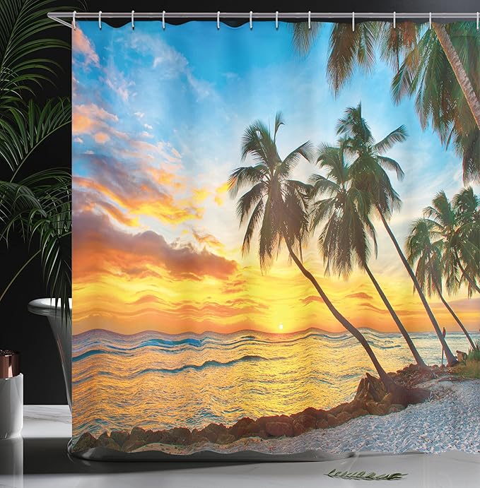Ambesonne Ocean Shower Curtain, Sunset Over Sea The Palms on The Beach at a Caribbean Island in Barbados, Cloth Fabric Bathroom Decor Set with Hooks, 69" W x 84" L, Sunset Sea Blue