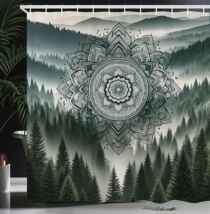 Ambesonne Dark Green Shower Curtain, Foggy Morning Mountains with Mandala Ornate Abstract Paint Print, Cloth Fabric Bathroom Decor Set with Hooks, 69" W x 84" L, Evergreen Coconut and Grey