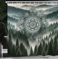 Ambesonne Dark Green Shower Curtain, Foggy Morning Mountains with Mandala Ornate Abstract Paint Print, Cloth Fabric Bathroom Decor Set with Hooks, 69" W x 84" L, Evergreen Coconut and Grey