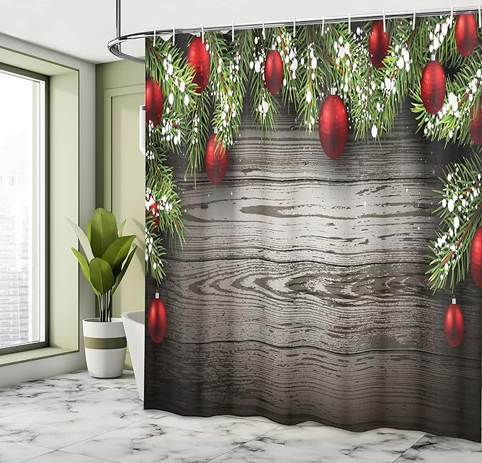Ambesonne Christmas Shower Curtain, Ornaments Nostalgic Historical Celebration and Reunion Themed Print, Cloth Fabric Bathroom Decor Set with Hooks, 69" W x 70" L, Brown Red