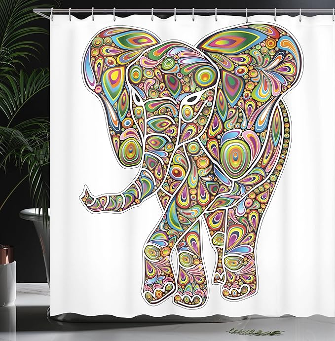 Ambesonne Psychedelic Shower Curtain, Large Eastern Trippy Pattern Boho Art Savannah Illustration, Cloth Fabric Bathroom Decor Set with Hooks, 69" W x 70" L, Multicolor White