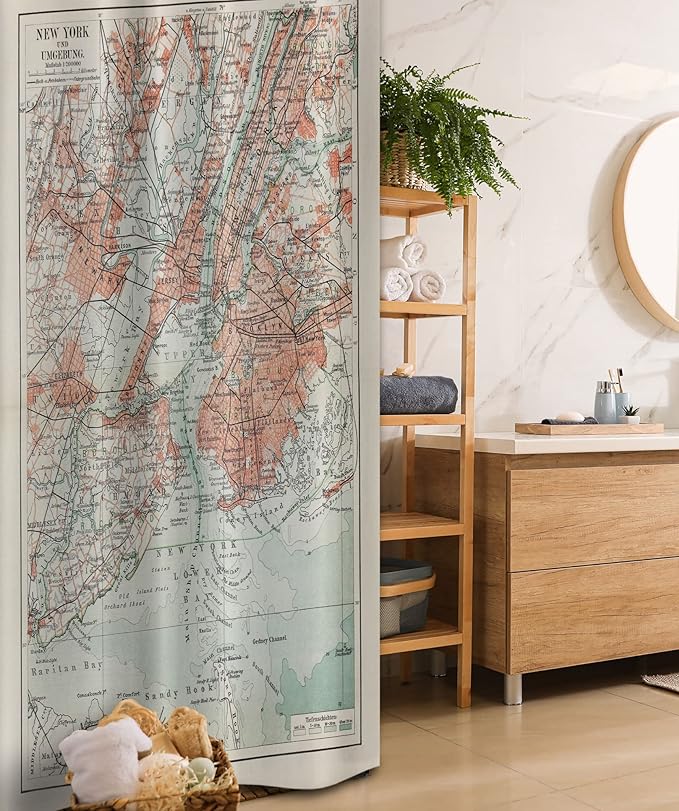Ambesonne NYC Stall Shower Curtain, New York Old Map from End of 19th Century History Historical Antiques, Fabric Bathroom Decor Set with Hooks, 36" W x 72" L, Turquoise Beige