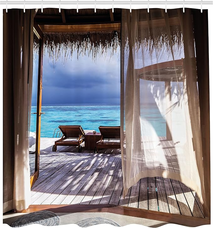 Ambesonne Coastal Shower Curtain, Romantic Wooden Bungalow on The Water Deckchairs Maldives Beach Summer Relax, Cloth Fabric Bathroom Decor Set with Hooks, 69" W x 70" L, Brown Blue