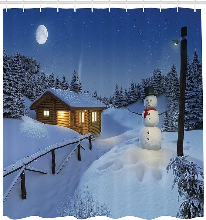 Ambesonne Christmas Shower Curtain, Wooden Rustic Log Cottage Scenery in The Winter Season Warm Moonlight, Cloth Fabric Bathroom Decor Set with Hooks, 69" W x 75" L, Ivory Blue