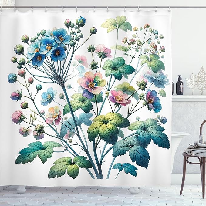Ambesonne Floral Shower Curtain, Trippy and Bold Colorful Wild Flowers in a Spring Morning on Plain Back, Cloth Fabric Bathroom Decor Set with Hooks, 69" W x 70" L, Teal Green Multicolor