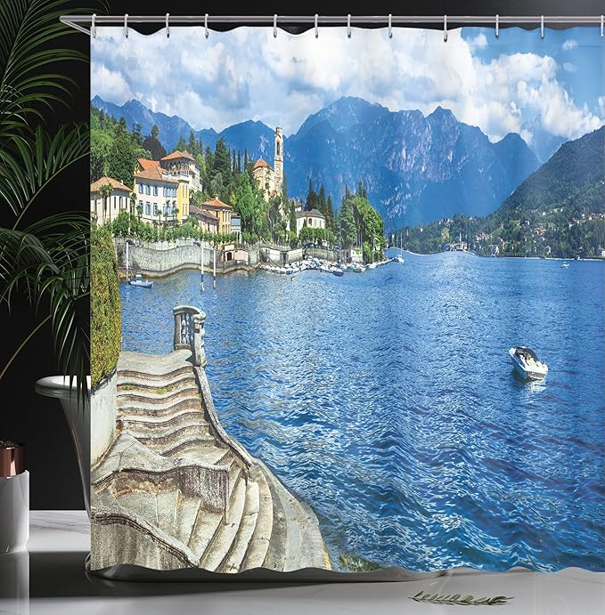 Ambesonne Nature Shower Curtain, Pastoral Lake Como by Rocky Cliffs Boat in River Holiday Sea Shore Peace Design Print, Cloth Fabric Bathroom Decor Set with Hooks, 69" W x 70" L, Blue