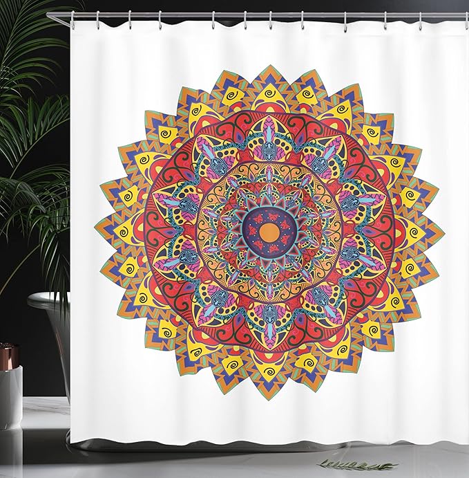 Ambesonne Ethnic Shower Curtain, Bohemic Hippie Design with Geometric Oriental Shapes Image Print, Cloth Fabric Bathroom Decor Set with Hooks, 69" W x 75" L, White