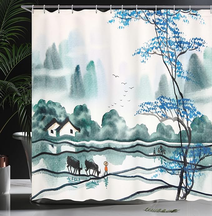 Ambesonne Nature Shower Curtain, Chinese Village with on Field with Bulls Pastoral Watercolor Art, Cloth Fabric Bathroom Decor Set with Hooks, 69" W x 70" L, Teal Violet Blue Black