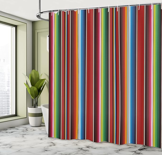 Ambesonne Cinco de Mayo Shower Curtain, Mexican Serape Colorful Stripes Vertical Lines Latino Design Illustration, Cloth Fabric Bathroom Decor Set with Hooks, 69" W x 70" L, Blue Vermilion Green