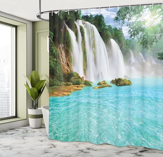 Ambesonne Waterfall Shower Curtain, Ban Gioc-Detian Cascade in The Forest Tropical Waterscape Clear Pool, Cloth Fabric Bathroom Decor Set with Hooks, 69" W x 70" L, Turquoise White