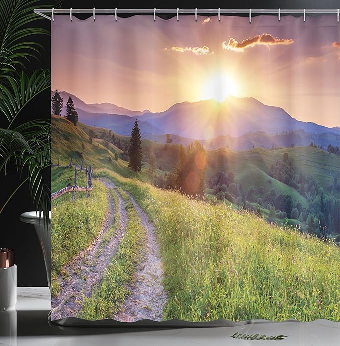Ambesonne Landscape Shower Curtain, Sunset in The Mountain Landscape Rural Road Forest Countryside Wonderland Print, Cloth Fabric Bathroom Decor Set with Hooks, 69" W x 75" L, Purple Grey