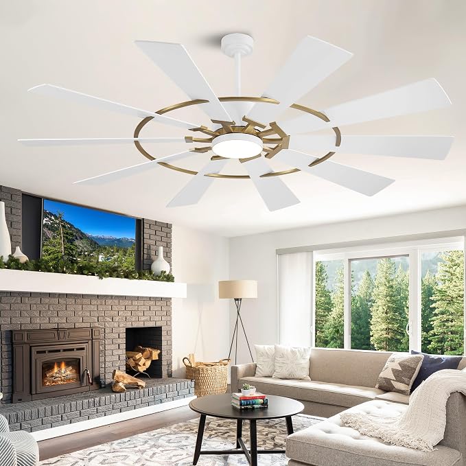 WINGBO 84" Windmill Ceiling Fan with Lights, 3 Downrod, 6-Speed Reversible DC Motor, 3CCT, 10 Blade Indoor Farmhouse DC Ceiling Fans for Kitchen Bedroom Living Room Patio, Aged Brass and White