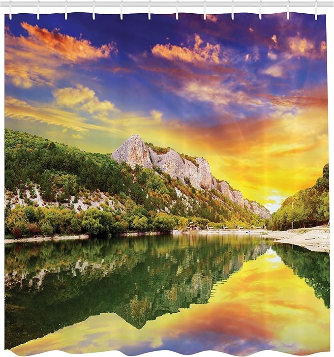 Ambesonne Landscape Shower Curtain, Sunset Over The Lake Mountain and Forest in a Partly Cloudy Day, Cloth Fabric Bathroom Decor Set with Hooks, 69" W x 70" L, Earth Yellow Coral Green