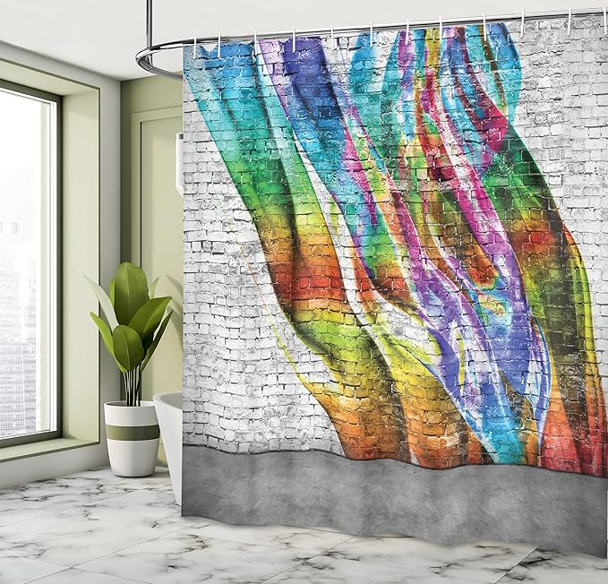 Ambesonne Brick Wall Shower Curtain, Abstract Graffiti Painted on Wall Harmony of Colors Street Art Fresco Print, Cloth Fabric Bathroom Decor Set with Hooks, 69" W x 70" L, Rainbow Colors