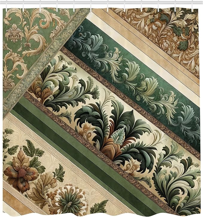Ambesonne Damask Shower Curtain, Renaissance Style Floral and Botanical Swirly Art Curlicue Leaves Vintage, Cloth Fabric Bathroom Decor Set with Hooks, 69" W x 84" L, Green Pastel Brown