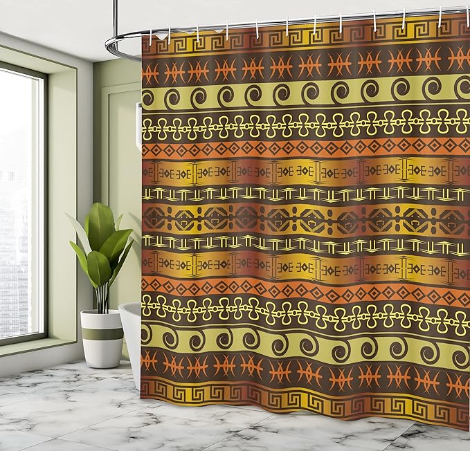 Ambesonne Prehistoric Shower Curtain, Indigenous Geometric Motifs Ornament Traditional Tribal, Cloth Fabric Bathroom Decor Set with Hooks, 69" W x 84" L, Brown Yellow Pale Orange