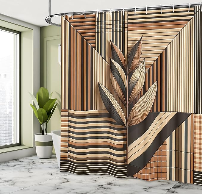 Ambesonne Neutral Shower Curtain, Leafy Branch on Abstract Stripes in Earthy Colors Boho Botanical, Cloth Fabric Bathroom Decor Set with Hooks, 69" W x 75" L, Cinnamon Dark Taupe and Beige