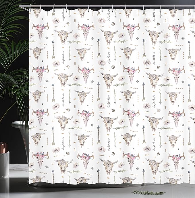 Ambesonne Arrows Shower Curtain, Pastel Colored Boho Pattern Artwork of Ornaments Feathers and Cow Skulls Rustic Themed Artwork, Cloth Fabric Bathroom Decor Set with Hooks, 69" W x 70" L, White Ivory