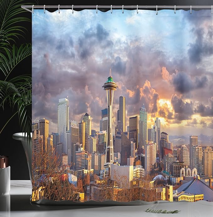 Ambesonne USA Shower Curtain, Seattle Skyline at The Sunset of WA United States with Beams Through Dramatic Cloudscape of The Scenery, Cloth Fabric Bathroom Set with Hooks, 69" W x 75" L, Blue Grey